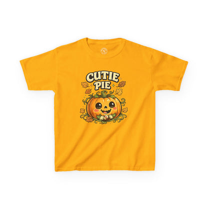 Yellow kids Cutie Pie Halloween pumpkin graphic t-shirt featuring a cute smiling jack-o-lantern with autumn leaves design