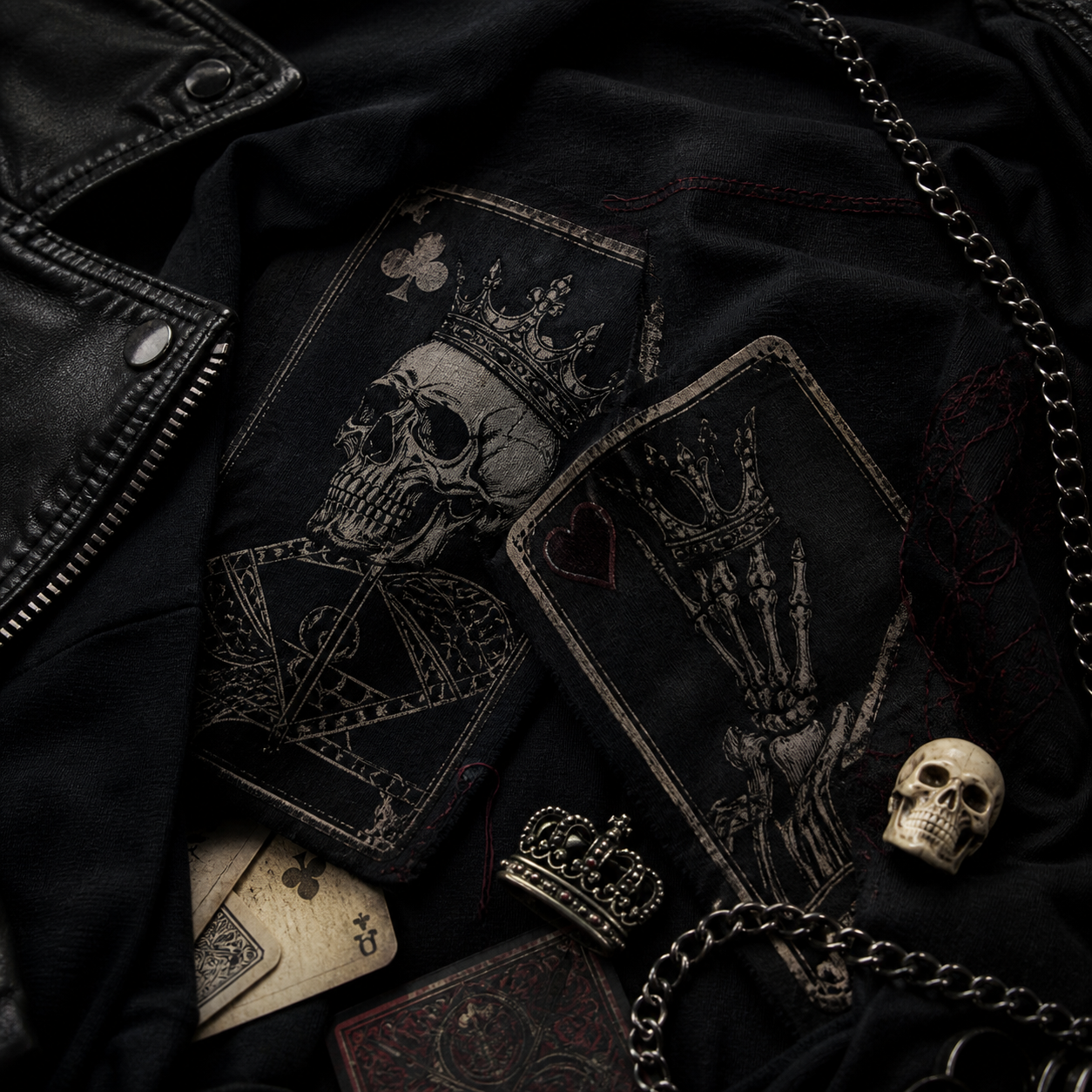 Dark wardrobe styling with gothic card symbolism