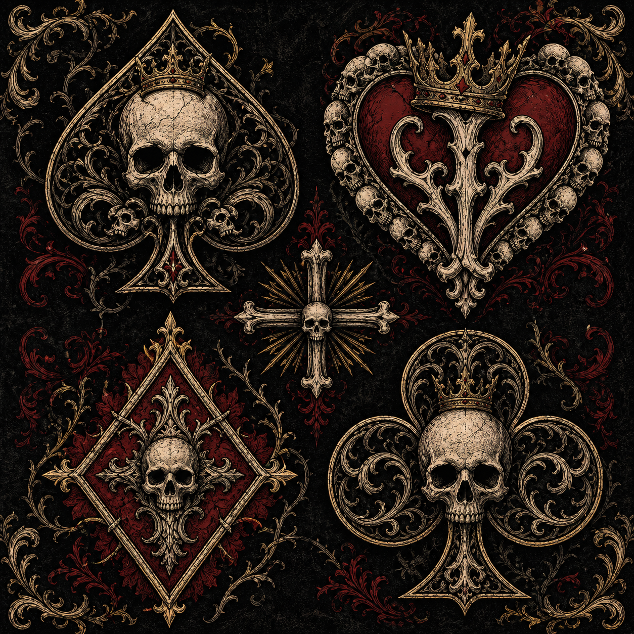 Gothic playing card suit symbols with skull and crown details