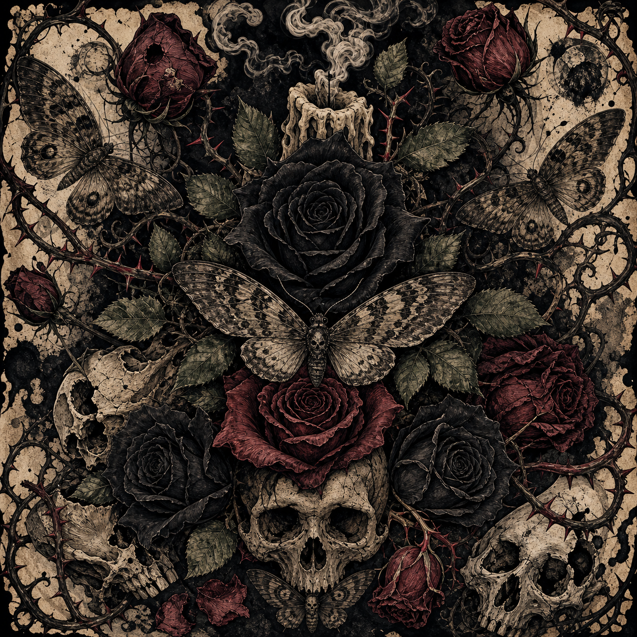 Gothic floral tattoo artwork with roses, moths and skull details