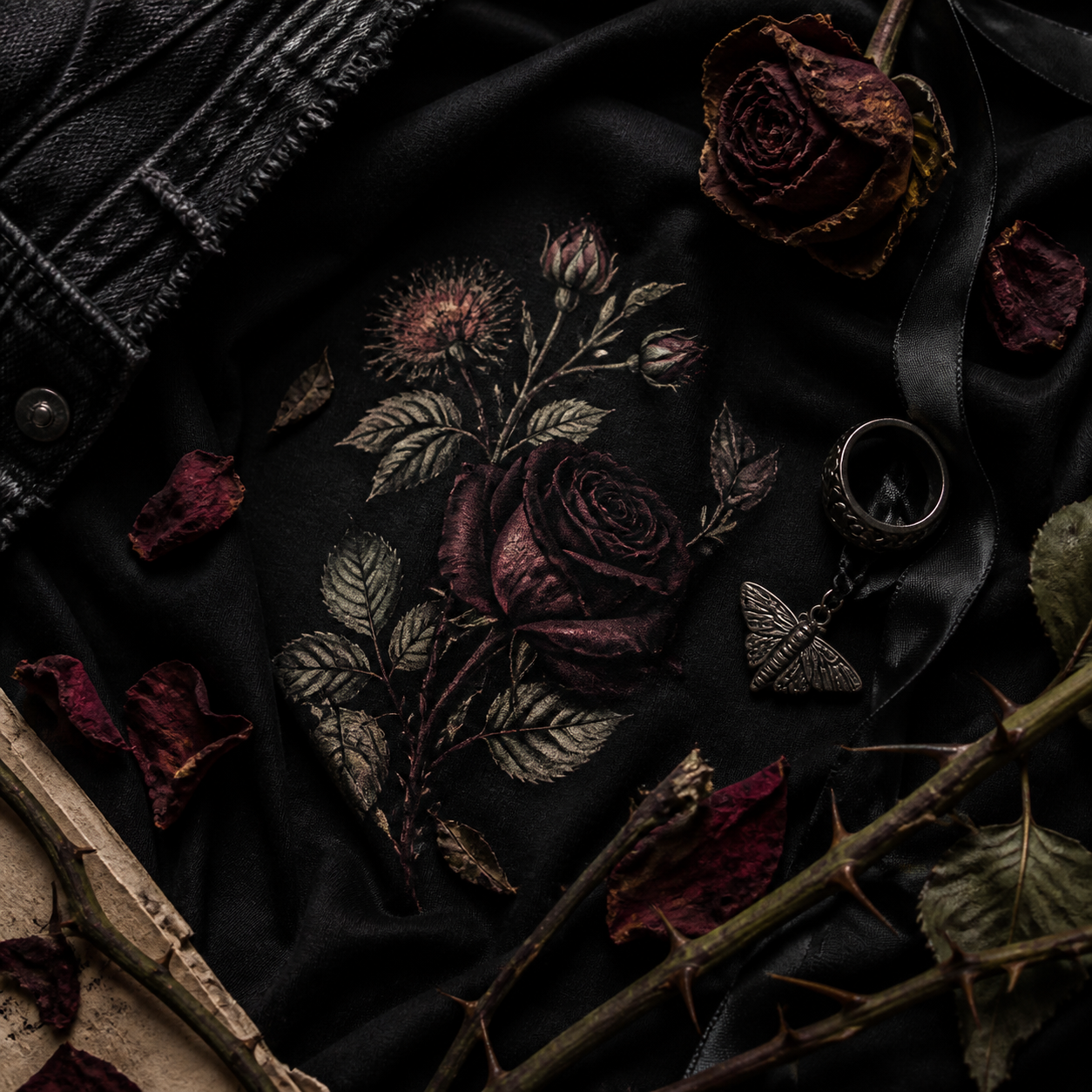 Dark gothic wardrobe styling with rose and thorn details