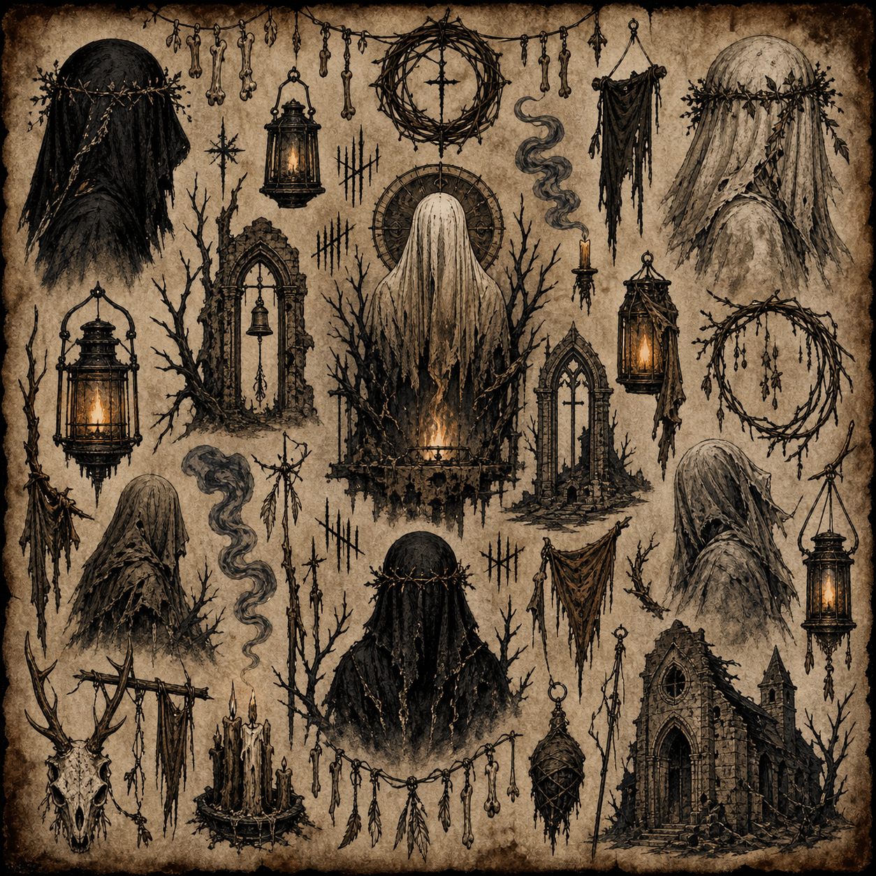 Folk horror symbol artwork with veiled figures, lanterns and chapel details