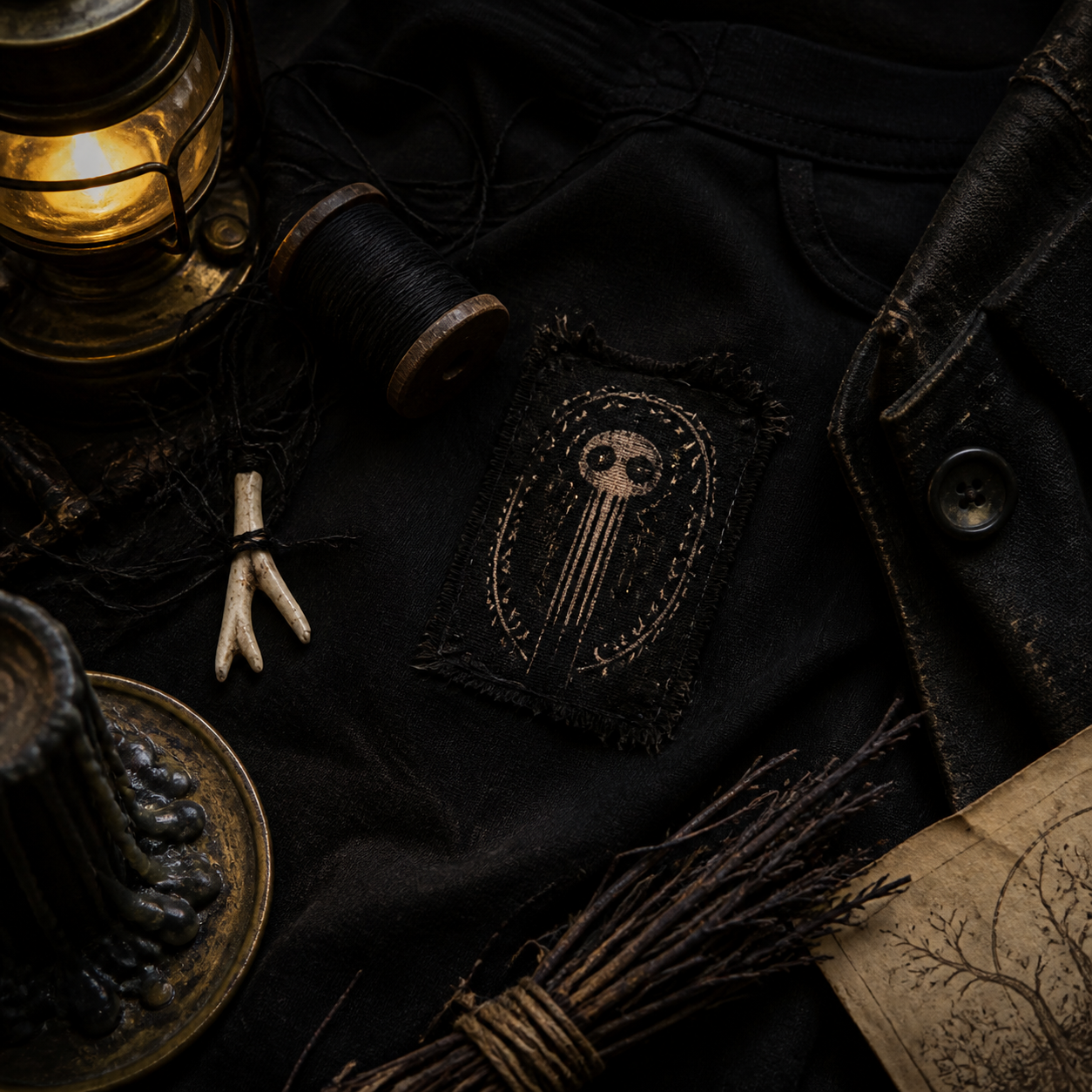 Dark wardrobe styling with lantern and folk horror details