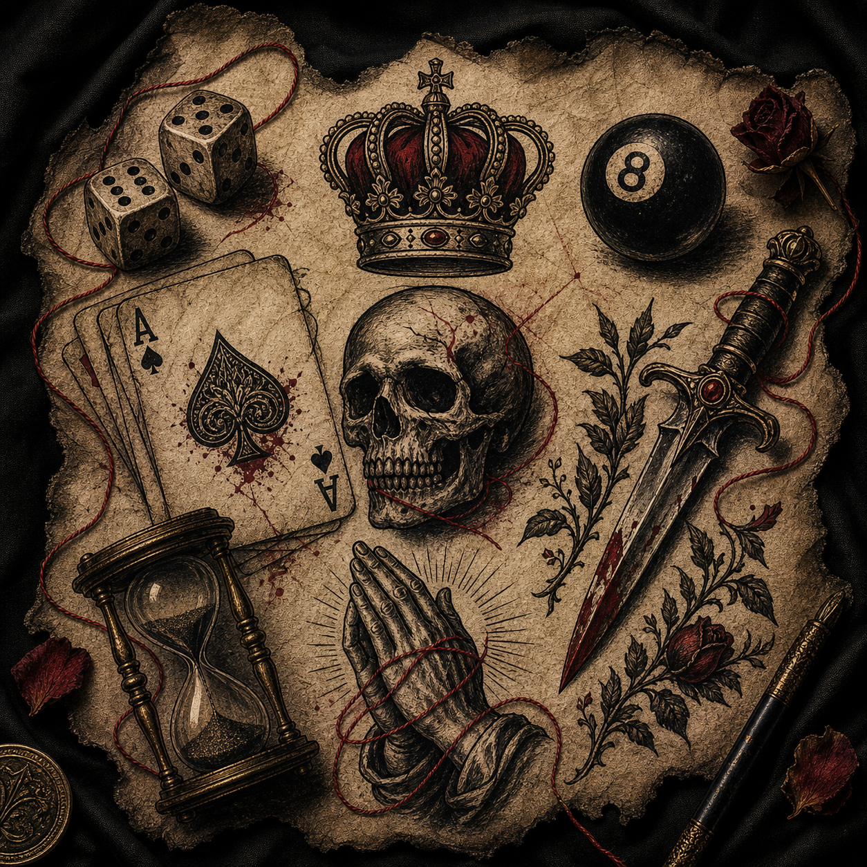 Ink and Fate tattoo flash symbols with dice, eight ball, cards, skull, dagger and crown