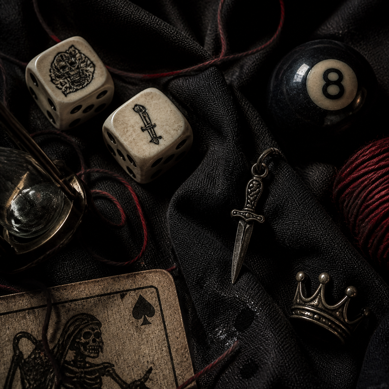 Dark wardrobe styling with dice, eight ball, dagger charm and black cotton