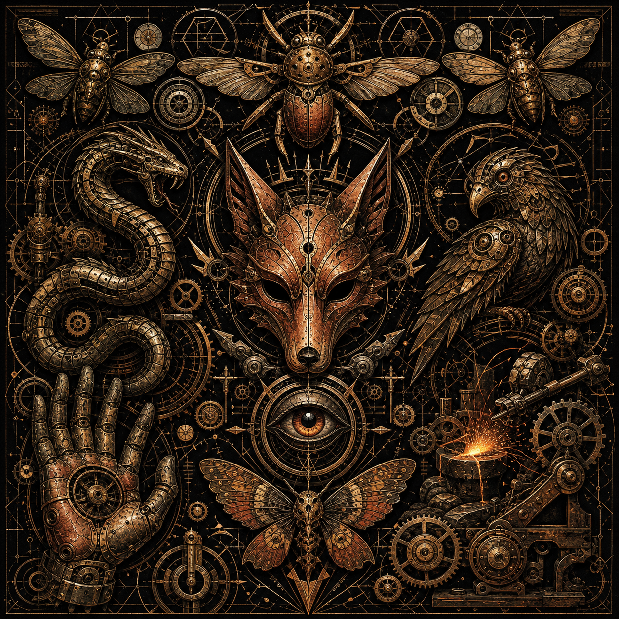 Mechanical myth symbol artwork with brass creatures, gears and forge details