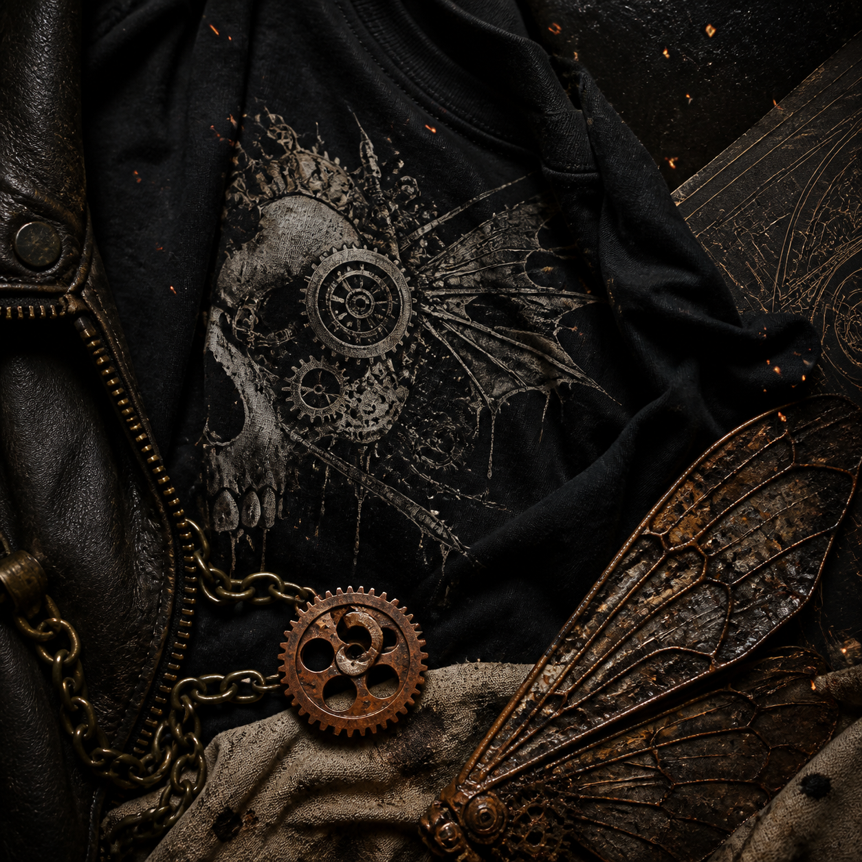 Dark industrial wardrobe styling with brass and mechanical details