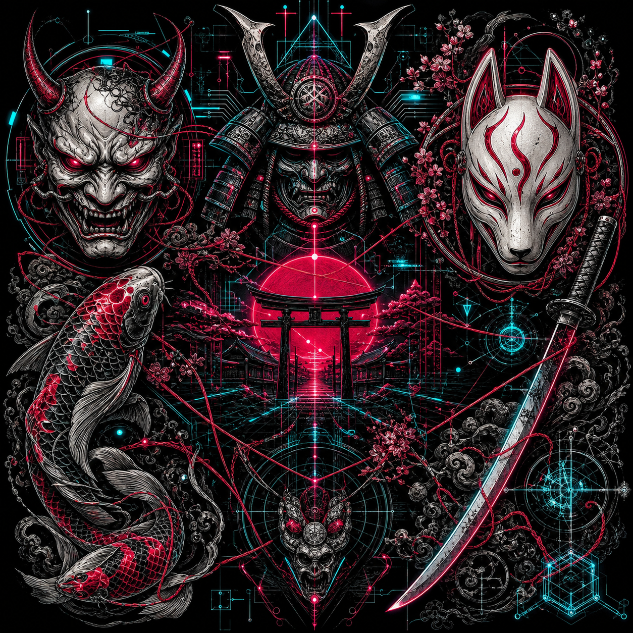 Cyber Japanese symbol artwork with masks, koi, blades and neon details