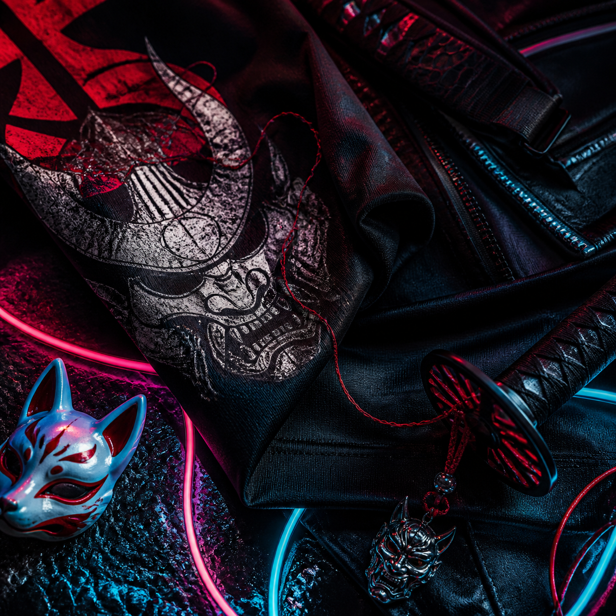 Dark wardrobe styling with neon Japanese cyber details